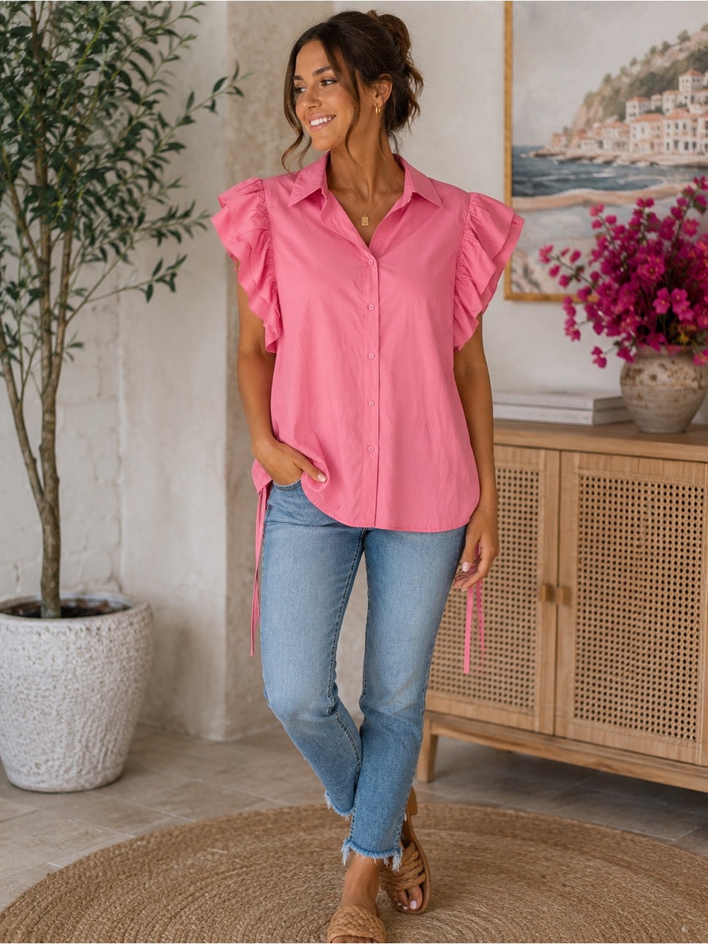 BUCKETLIST Pink Ruffle Sleeve Button-Down Shirt Size Large 100% Cotton